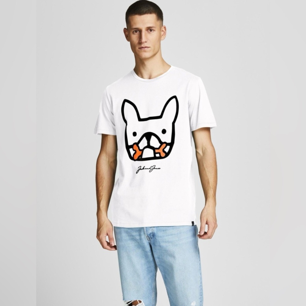 JACK & JONES French Bulldog Printed Casual Knit T-shirt in White - Picture 1 of 5